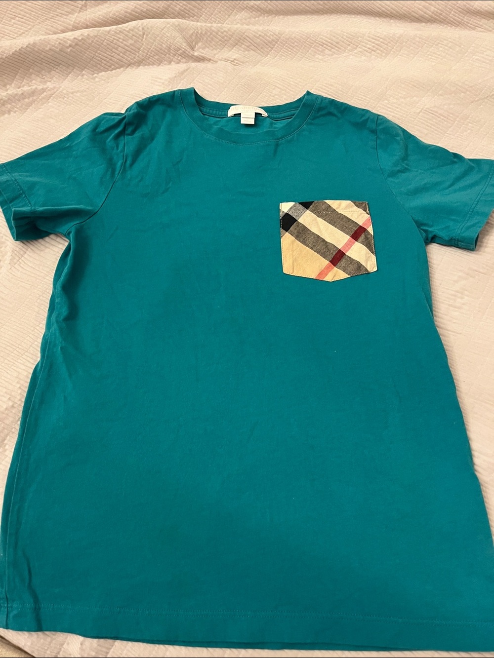 Burberry Teal Short-Sleeve Tee with Signature Plaid Pocket
